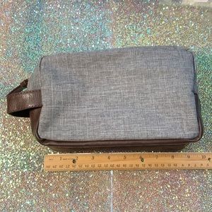 3-$15 Toiletry bag gray cloth brown vegan leather